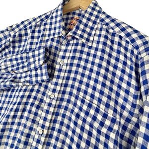 J McLaughlin Shirt Mens Medium Blue Gingham 100% Linen Button Up Long Sleeve